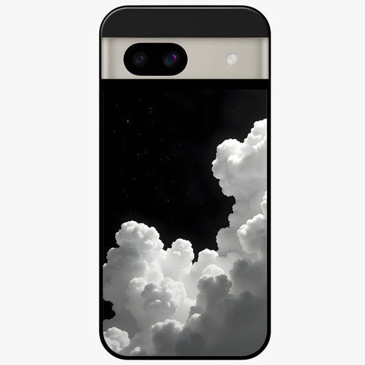 Black Background With White Cloud Glass Case showing flat back view with minimal cloud artwork on dark background and glossy glass finish.