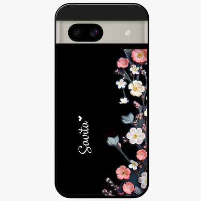 Black Elegance Floral Custom Name Glass Case showing flat back view with elegant floral artwork and personalized name design.