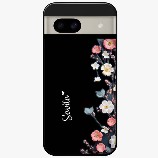 Black Elegance Floral Custom Name Glass Case showing flat back view with elegant floral artwork and personalized name design.