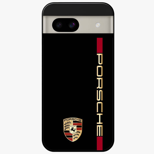 Black Minimal Porsche Glass Case showing flat back view with sleek minimal sports car artwork and glossy glass finish.