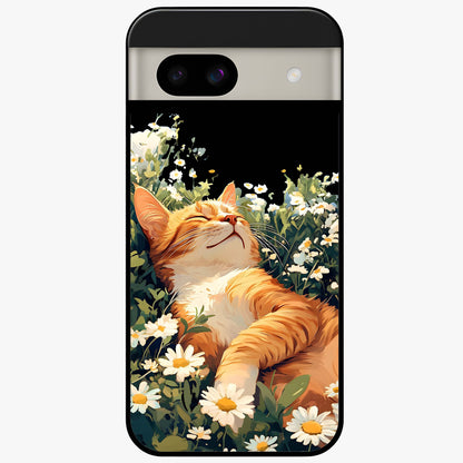 Blissful Bloom Cat Glass Case showing flat back view with cute cat and floral bloom artwork and glossy glass finish.