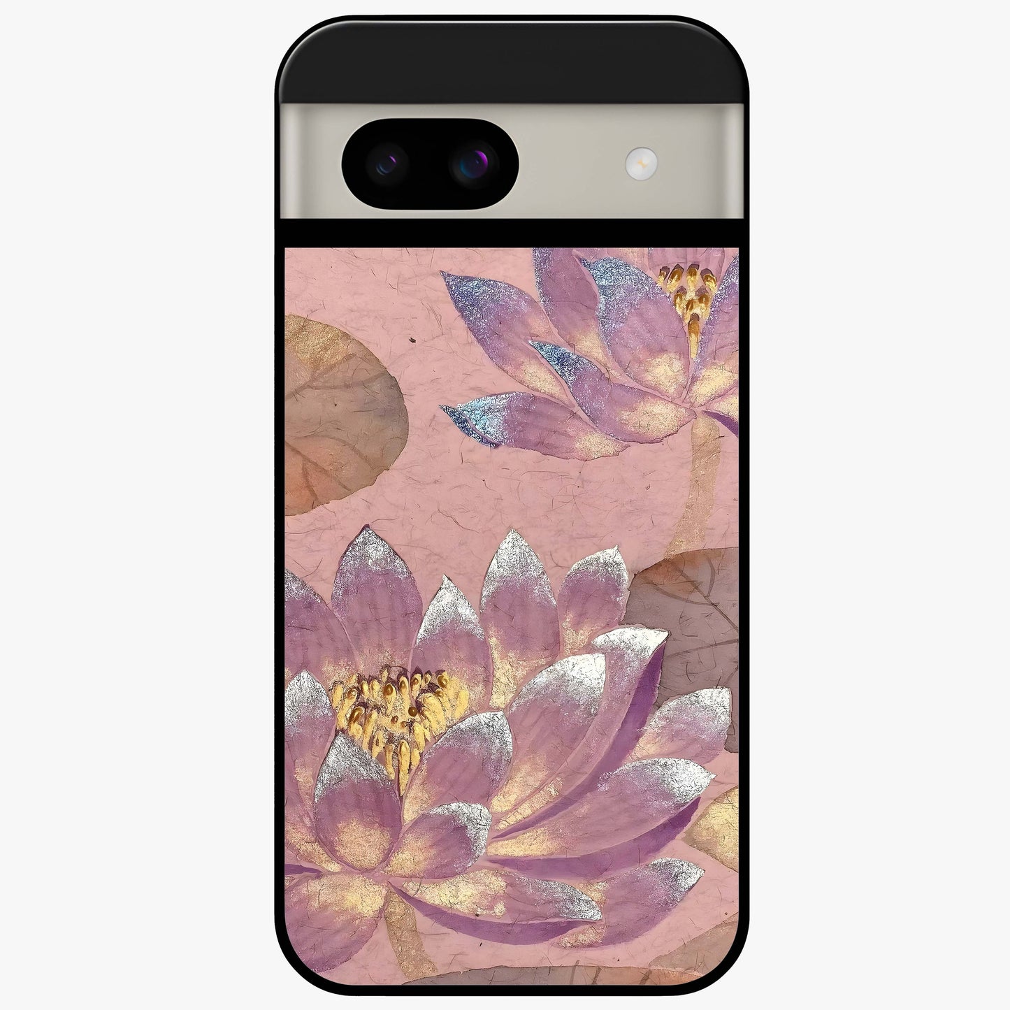 Blossom Mist Lotus Glass Case showing flat back view with serene lotus blossom artwork and glossy glass finish.