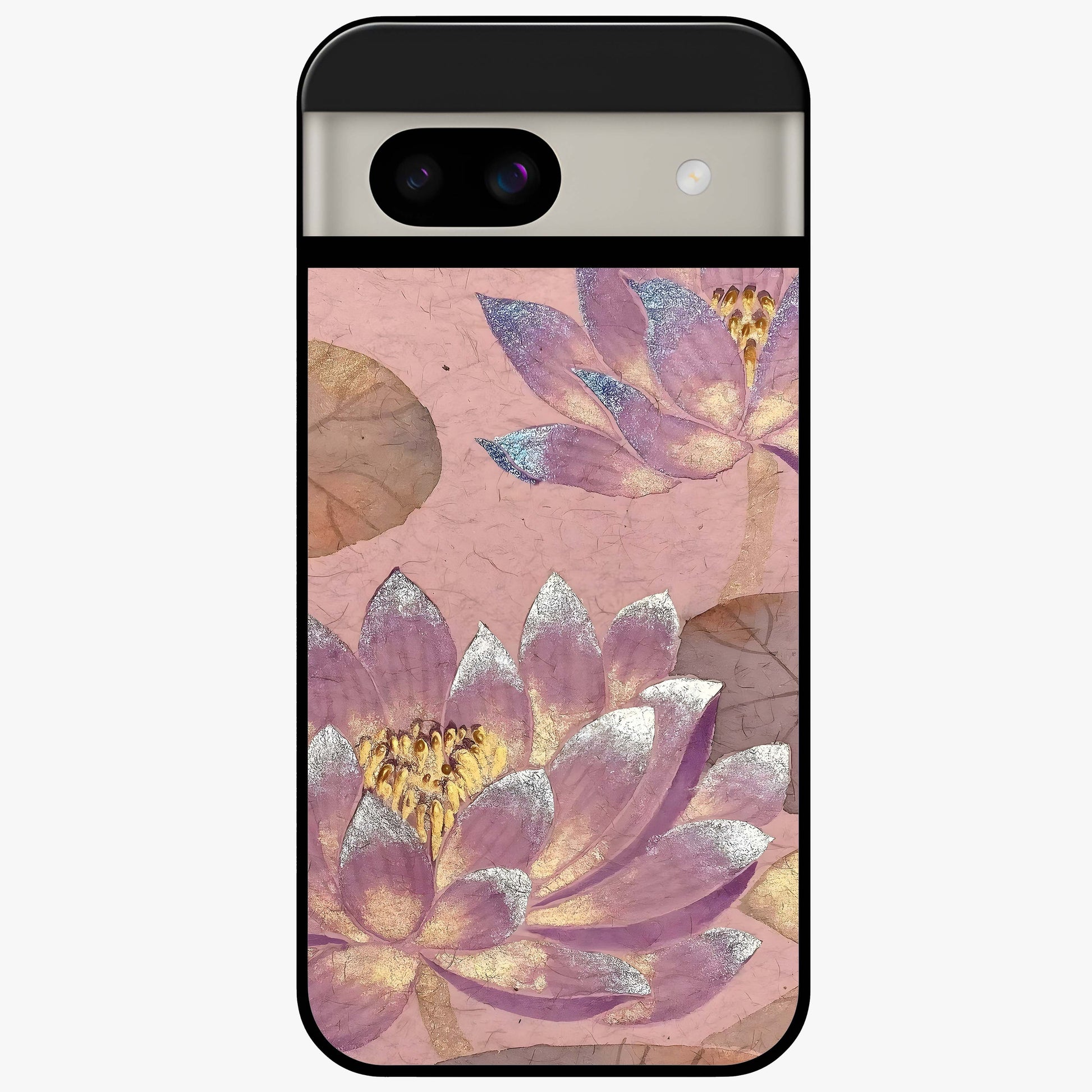Blossom Mist Lotus Glass Case showing flat back view with serene lotus blossom artwork and glossy glass finish.