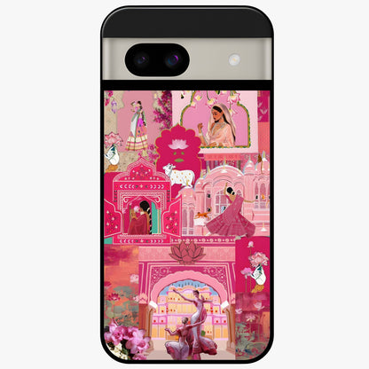 Blossoms of Rajasthan Glass Case showing flat back view with traditional floral artwork inspired by Rajasthan and glossy glass finish.