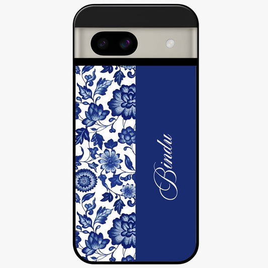 Blue Vintage Floral Pattern Glass Case upright view showcasing timeless floral illustration with vintage inspired style.