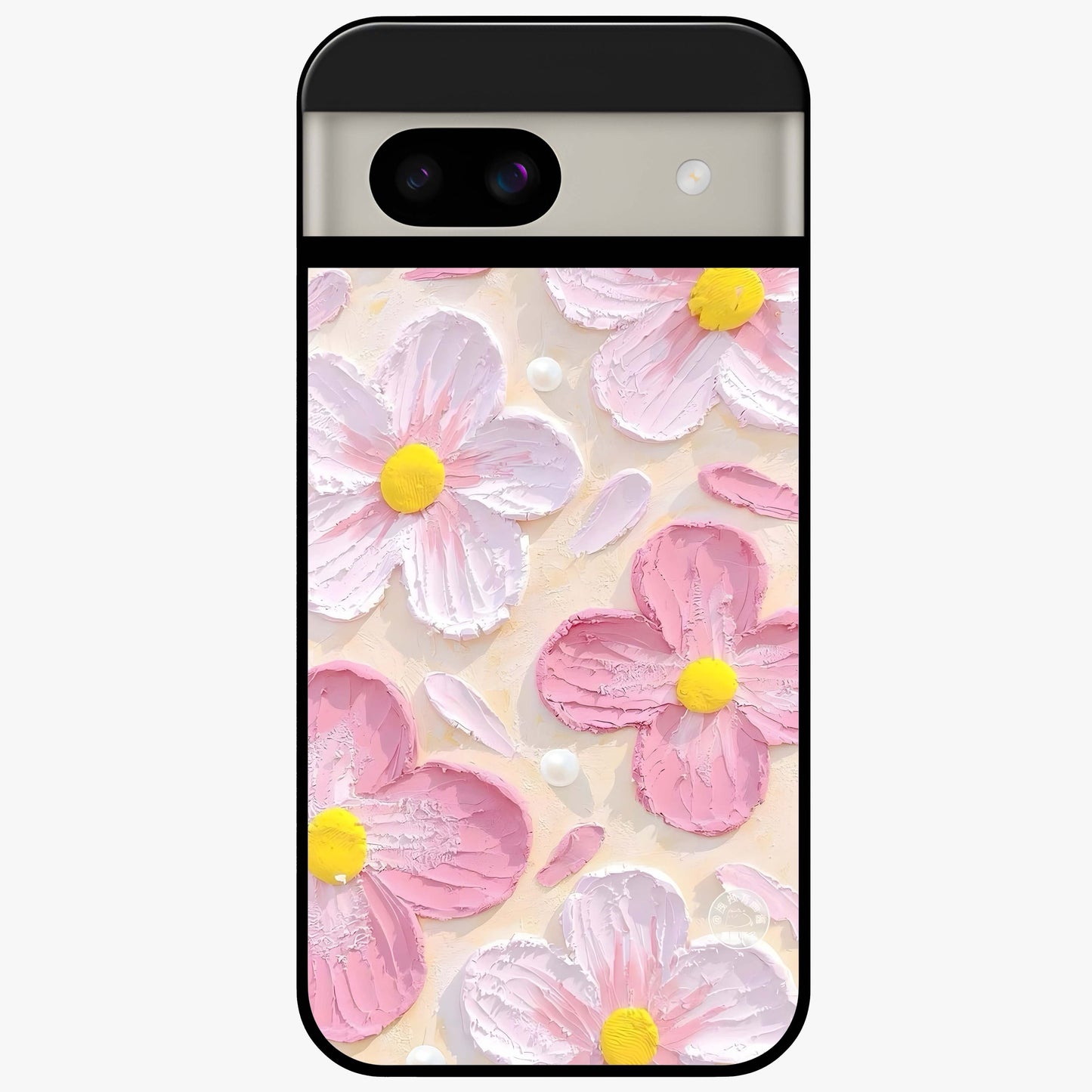 Blush Bloom Texture Glass Case showing flat back view with soft blush floral texture artwork and glossy glass finish.