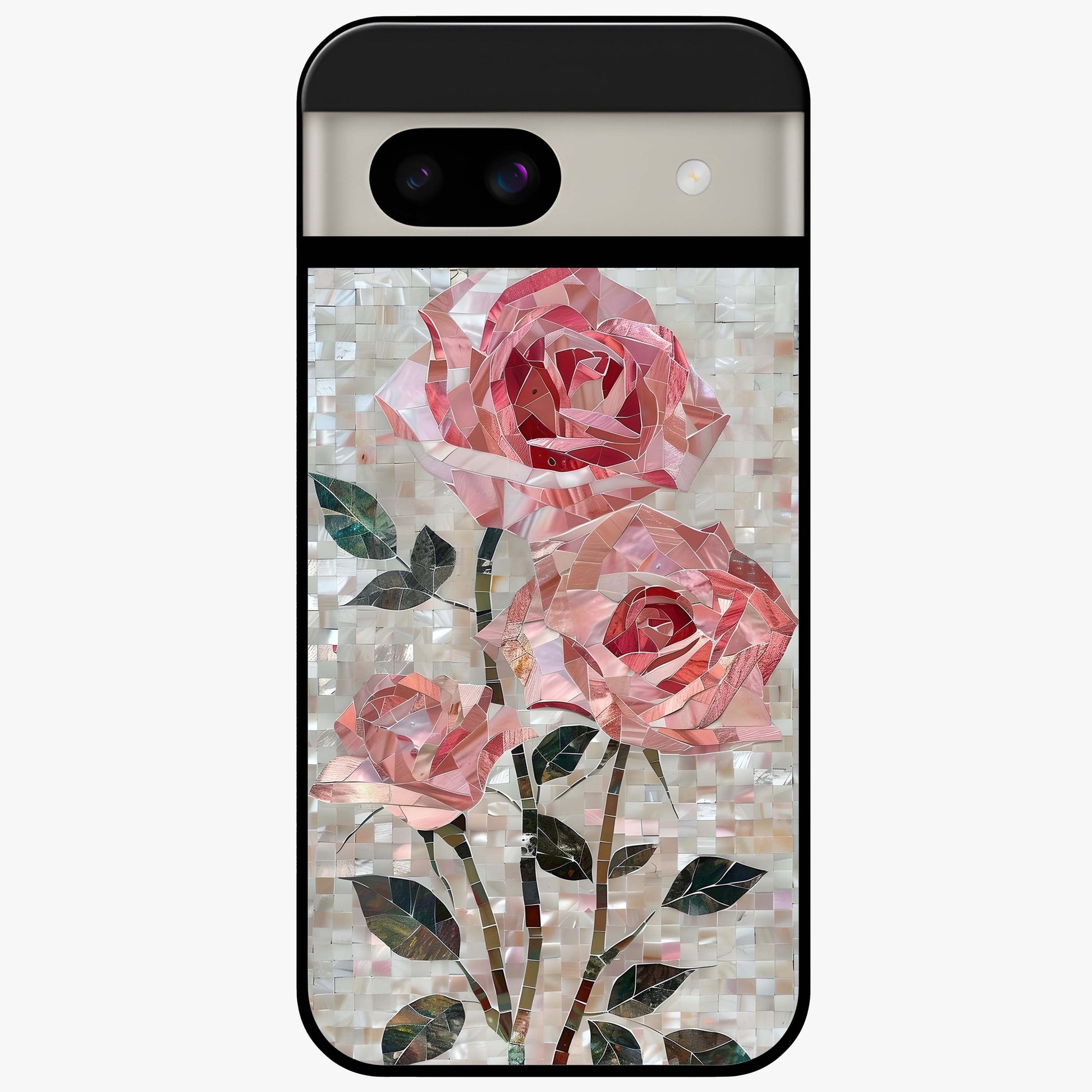 Blush Mosaic Bloom Glass Case showing flat back view with mosaic floral bloom artwork and glossy glass finish.