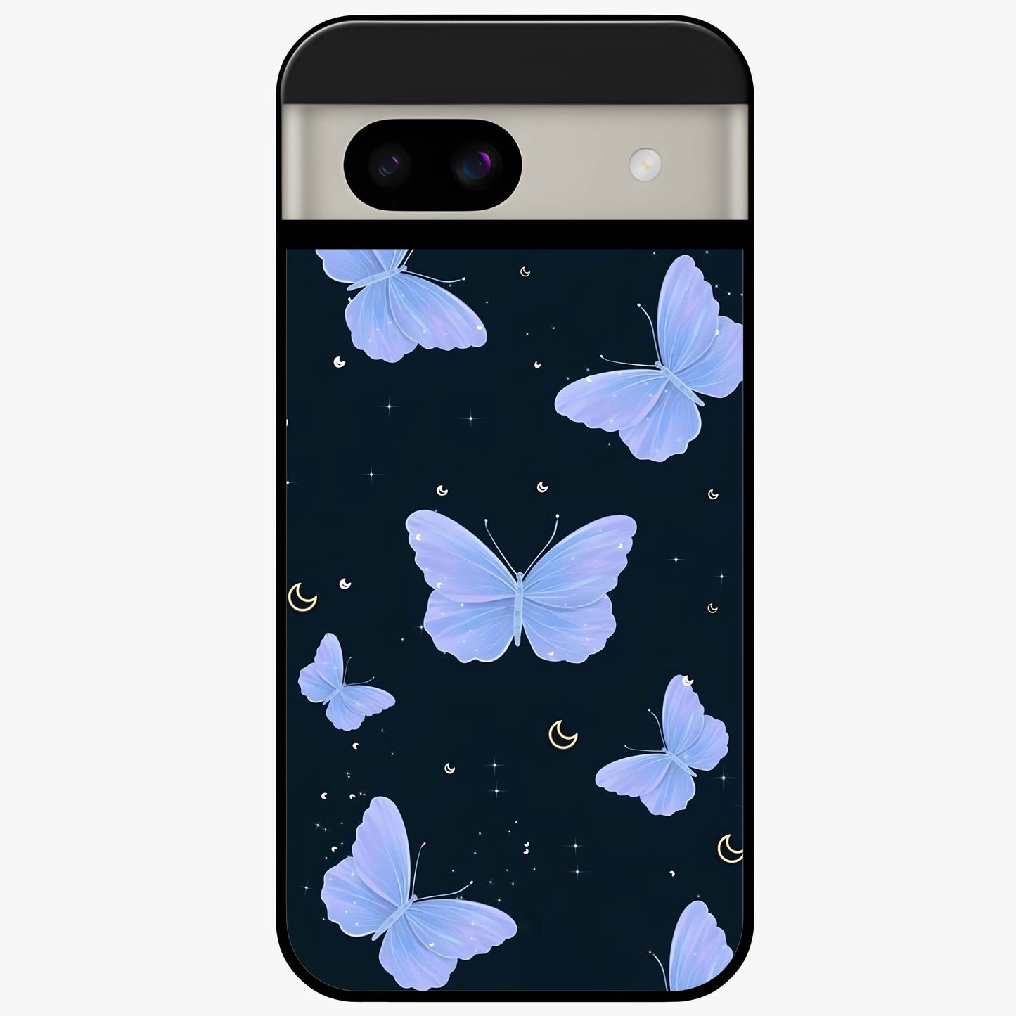 Butterfly With Stars Pattern Glass Case showing flat back view with butterfly and star pattern artwork and glossy glass finish.