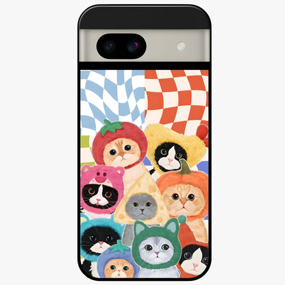 Cats in Fruits Glass Case showing flat back view with playful cat illustrations inside fruit artwork and glossy glass finish.