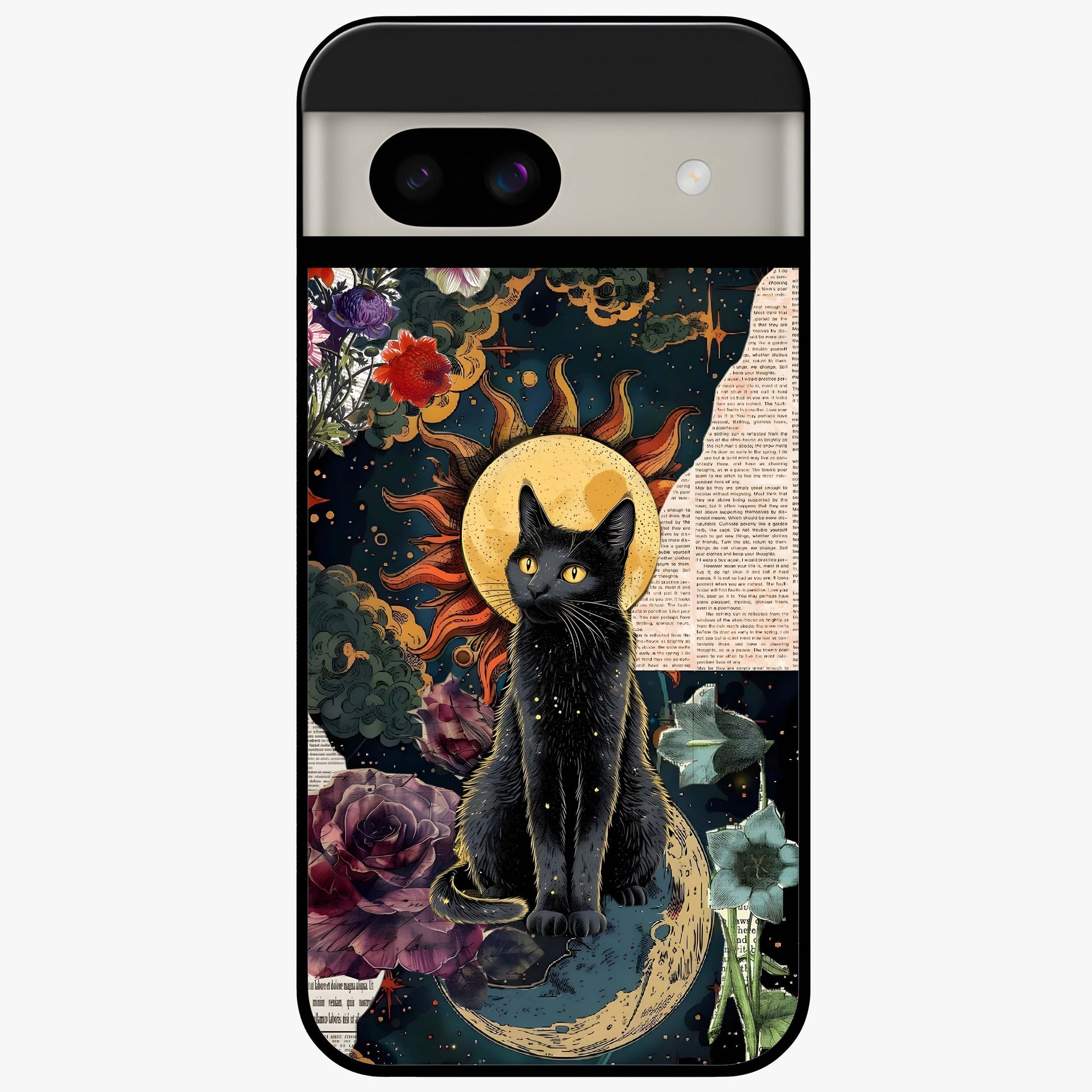 Celestial Black Cat Glass Case showing flat back view with mystical black cat artwork and glossy glass finish.