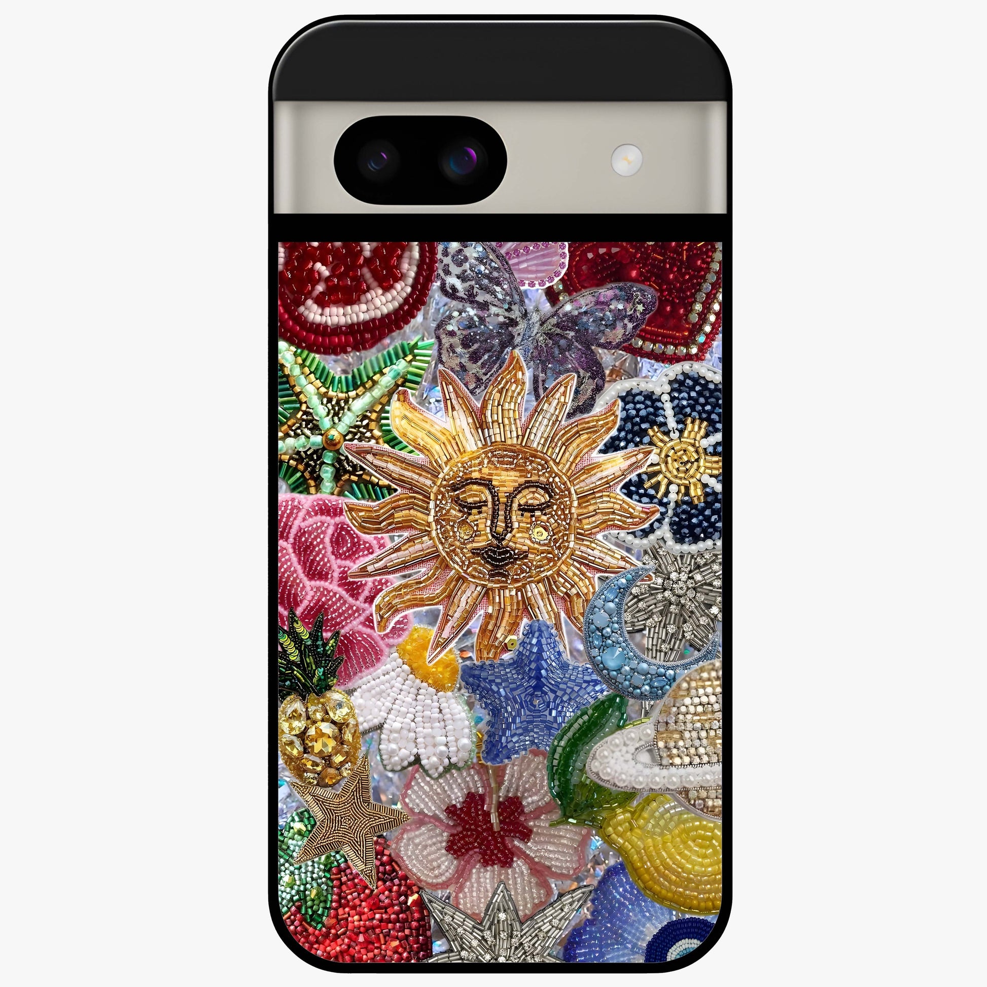 Celestial Floral and Playful Glass Case showing flat back view with floral and celestial themed artwork and glossy glass finish.