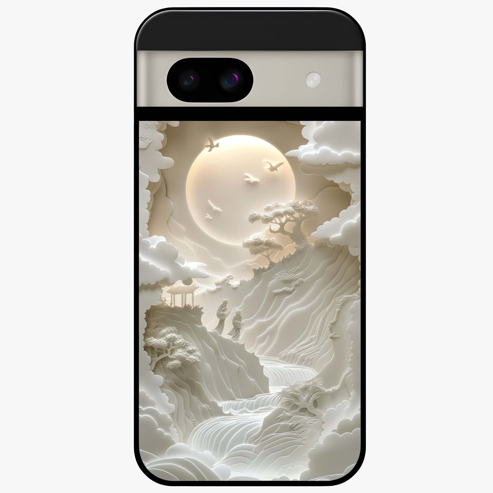 Celestial Origami Glass Case showing flat back view with artistic origami inspired celestial artwork and glossy glass finish.
