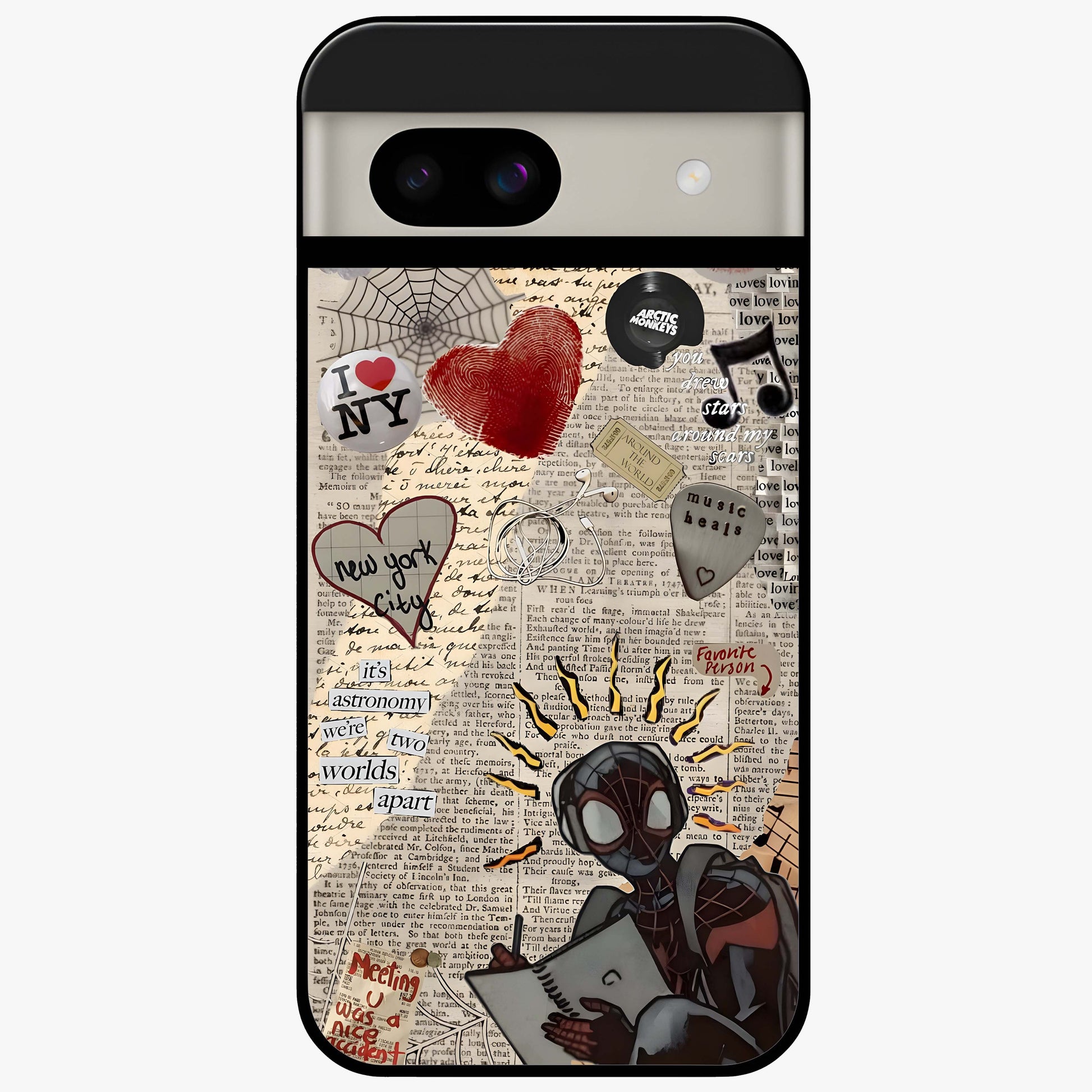 City Dream Sketch Glass Case showing flat back view with artistic city skyline sketch artwork and glossy glass finish.