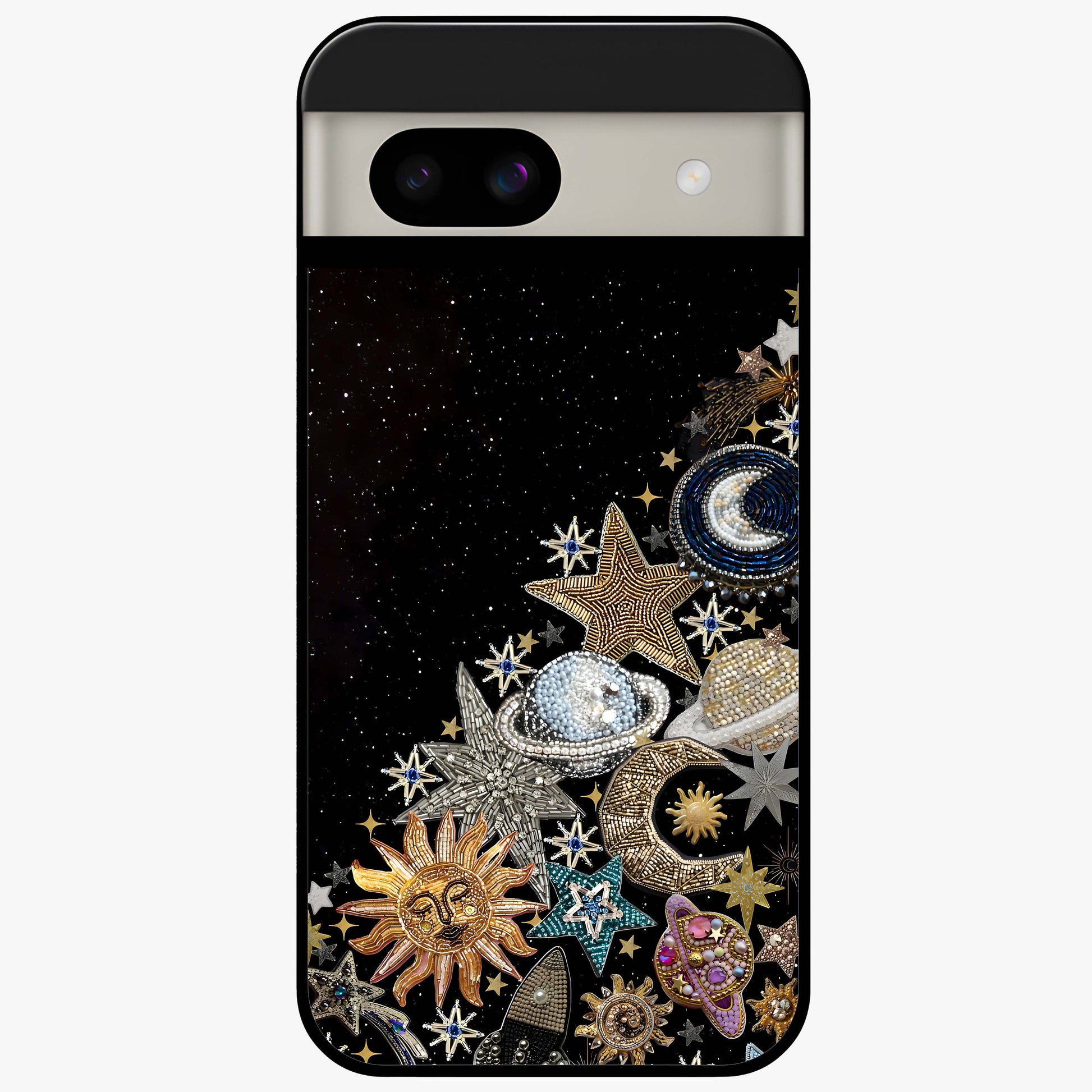 Cosmic Sparkle Dreams Glass Case showing flat back view with sparkling cosmic artwork and glossy glass finish.