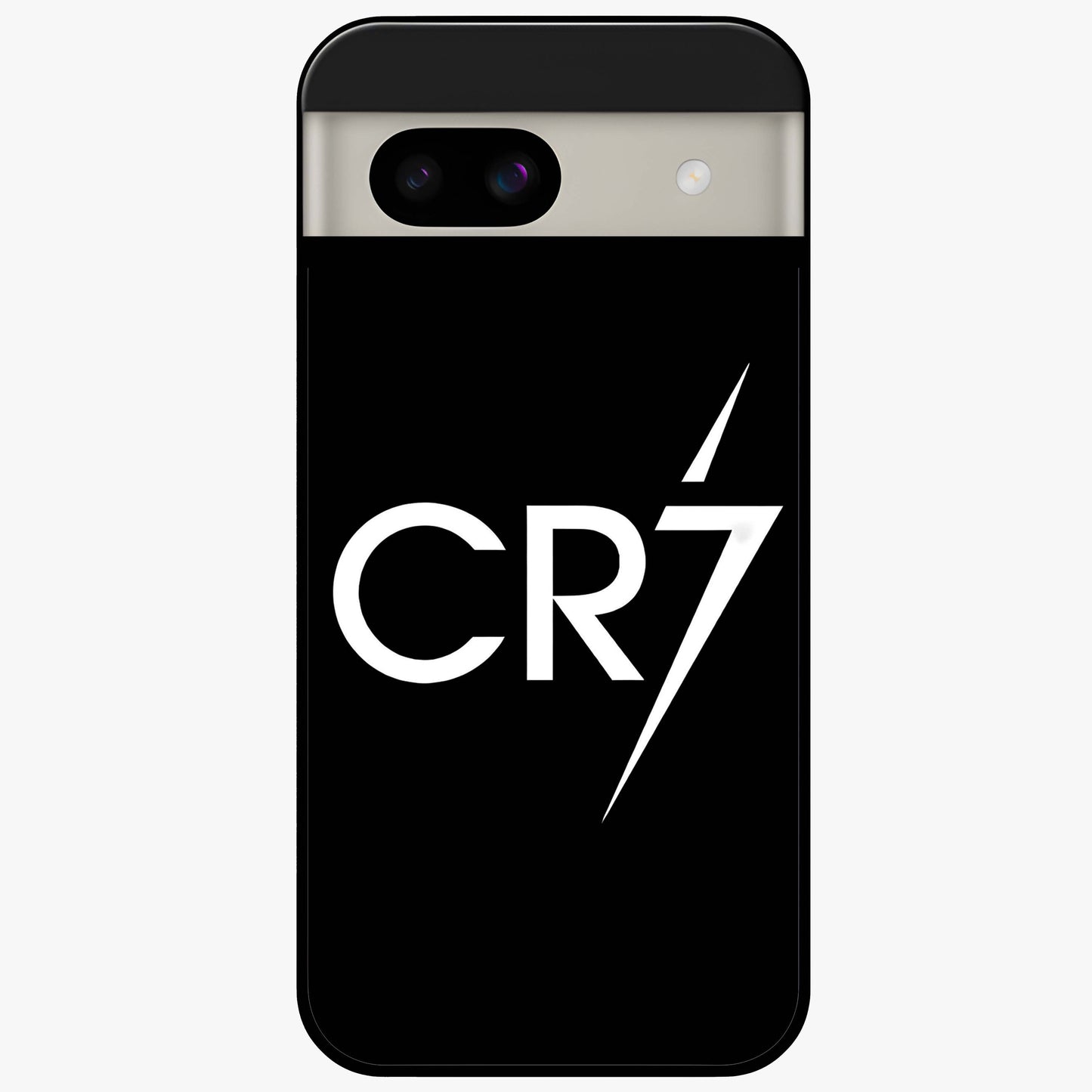 Cr7 Elite Strike Glass Case showing flat back view with dynamic football inspired artwork and glossy glass finish.