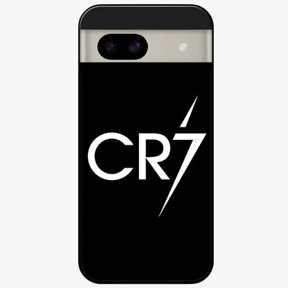 Cr7 Elite Strike Glass Case showing flat back view with dynamic football inspired artwork and glossy glass finish.