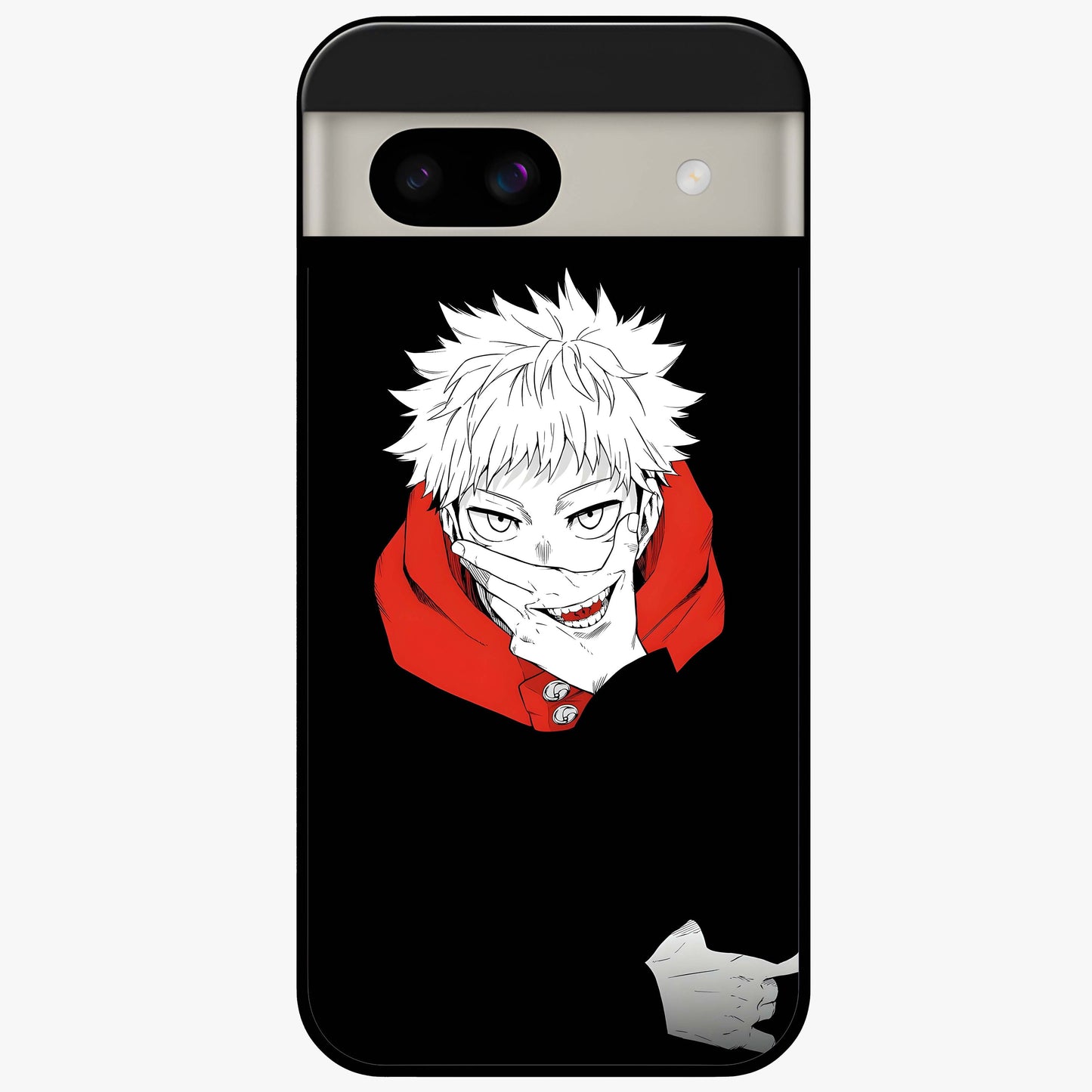Crimson Chaos Smile Glass Case showing flat back view with bold chaotic smile artwork and glossy glass finish.