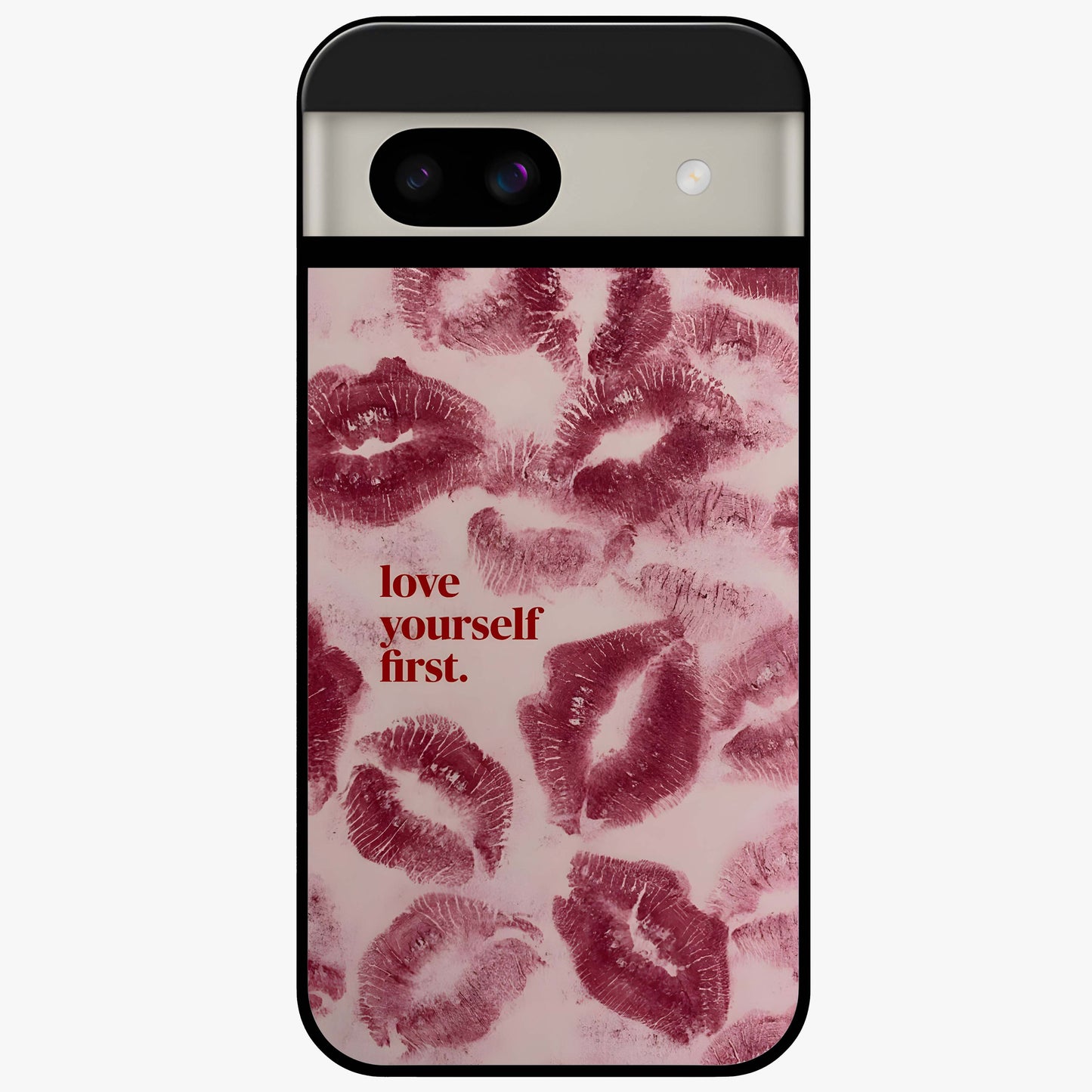 Crimson Kiss Love Glass Case showing flat back view with romantic crimson themed artwork and glossy glass finish.