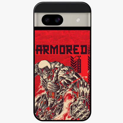 Crimson Mecha Titan Glass Case showing flat back view with powerful mech titan artwork and glossy glass finish.