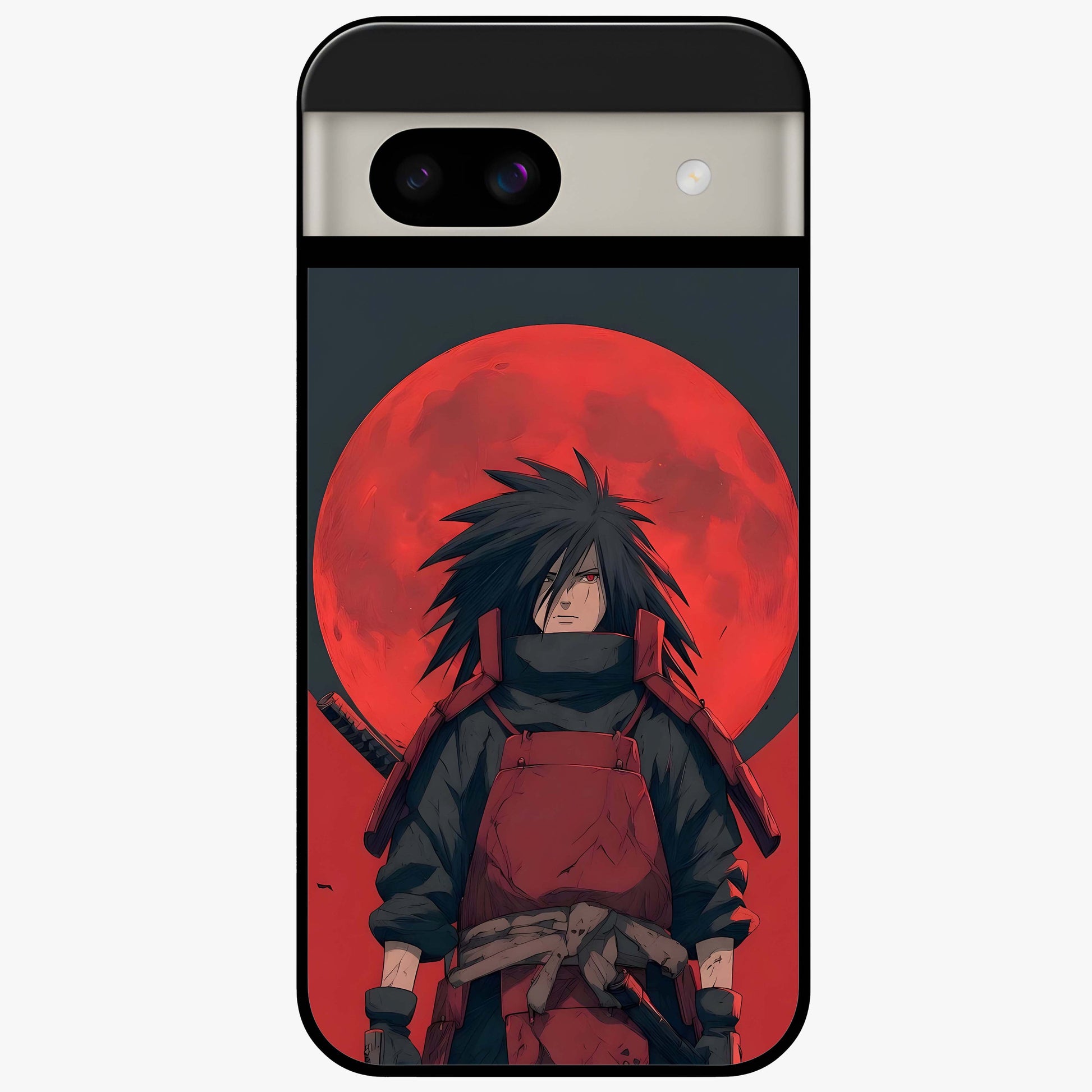 Crimson Moon Warlord Glass Case showing flat back view with mystical moon warrior artwork and glossy glass finish.