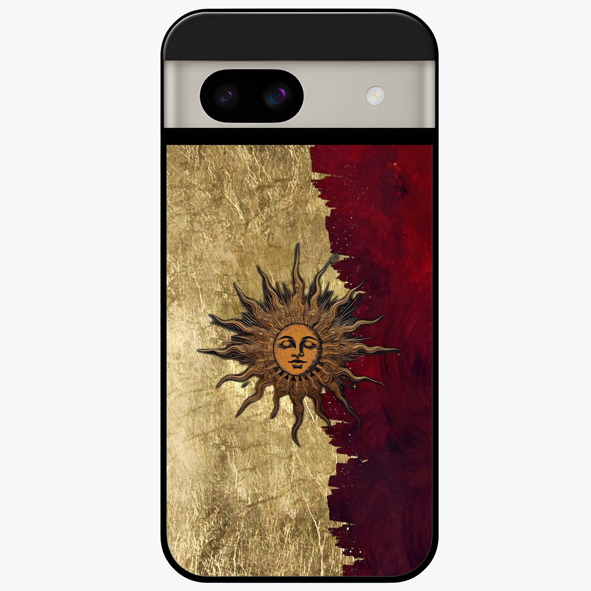 Crimson Sun Majesty Glass Case showing flat back view with radiant sun inspired artwork and glossy glass finish.