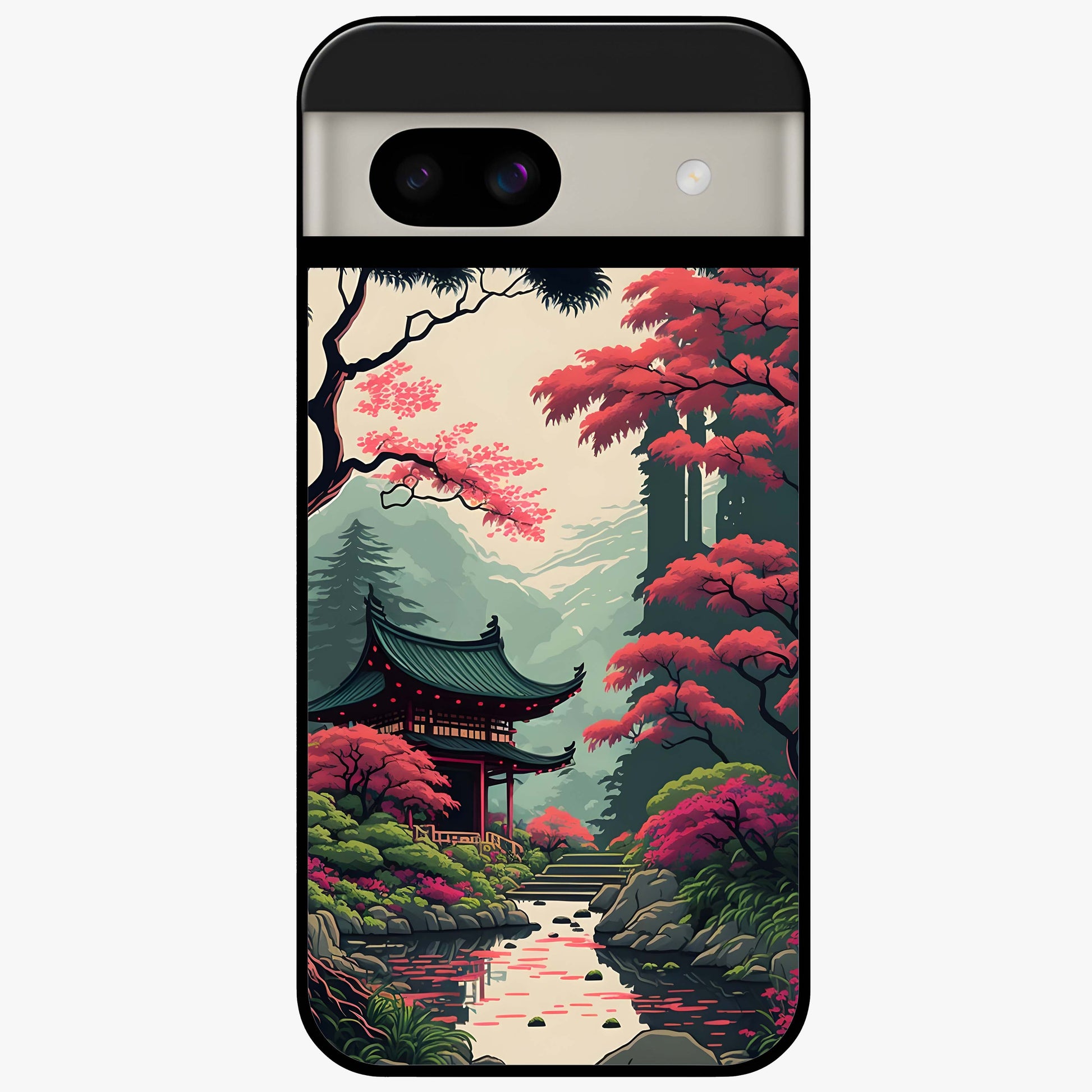 Crimson Temple View Glass Case showing flat back view with temple inspired artwork and glossy glass finish.