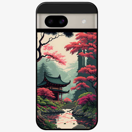 Crimson Temple View Glass Case showing flat back view with temple inspired artwork and glossy glass finish.