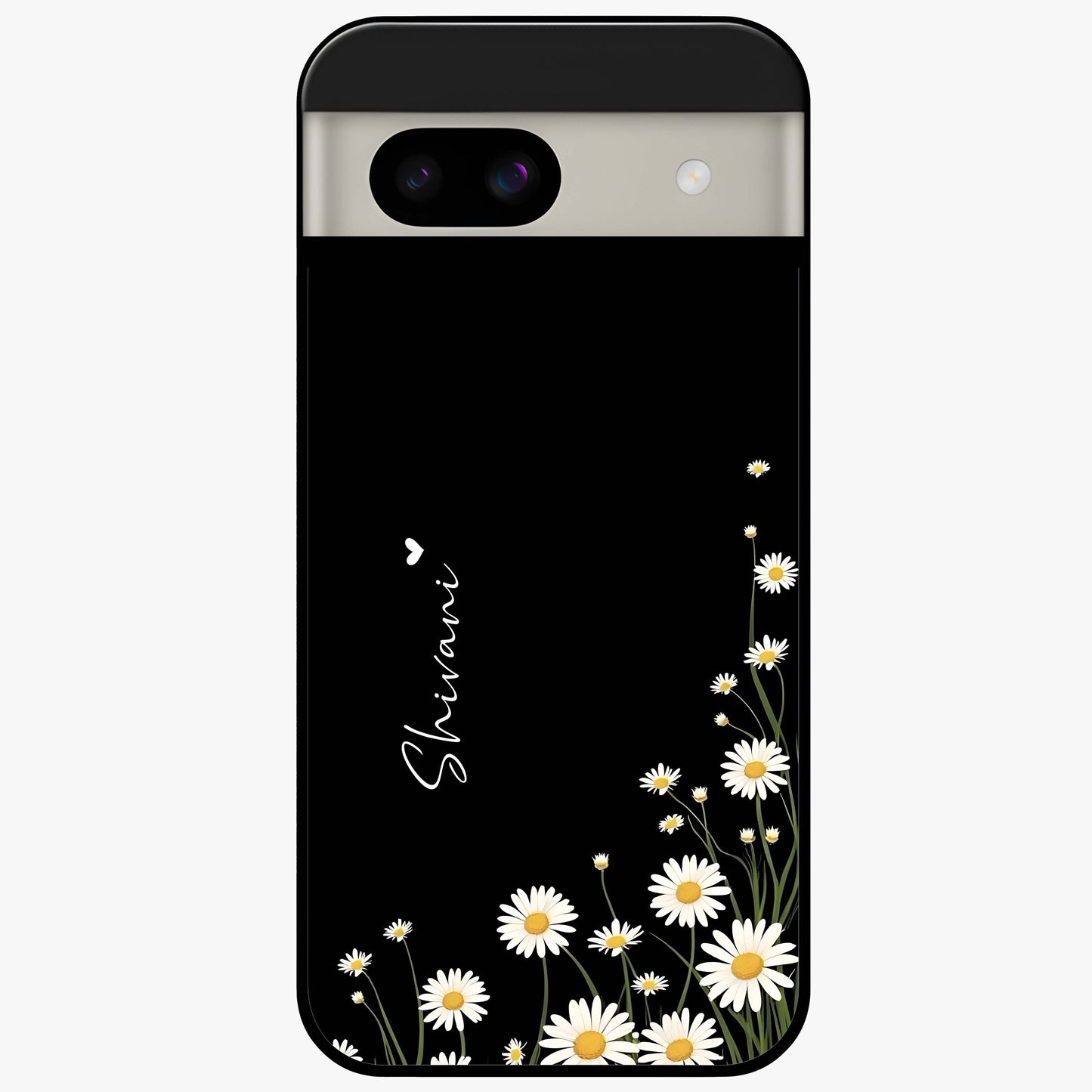 Daisy Cascade Custom Name Glass Case showing flat back view with cascading daisy flowers and personalized name design.