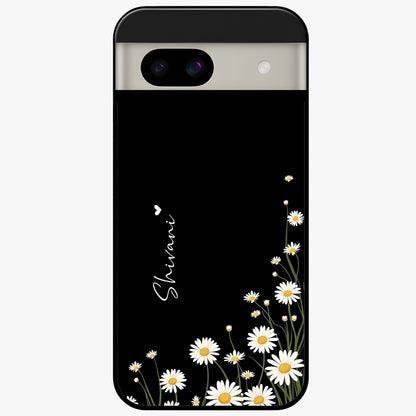 Daisy Cascade Custom Name Glass Case showing flat back view with cascading daisy flowers and personalized name design.