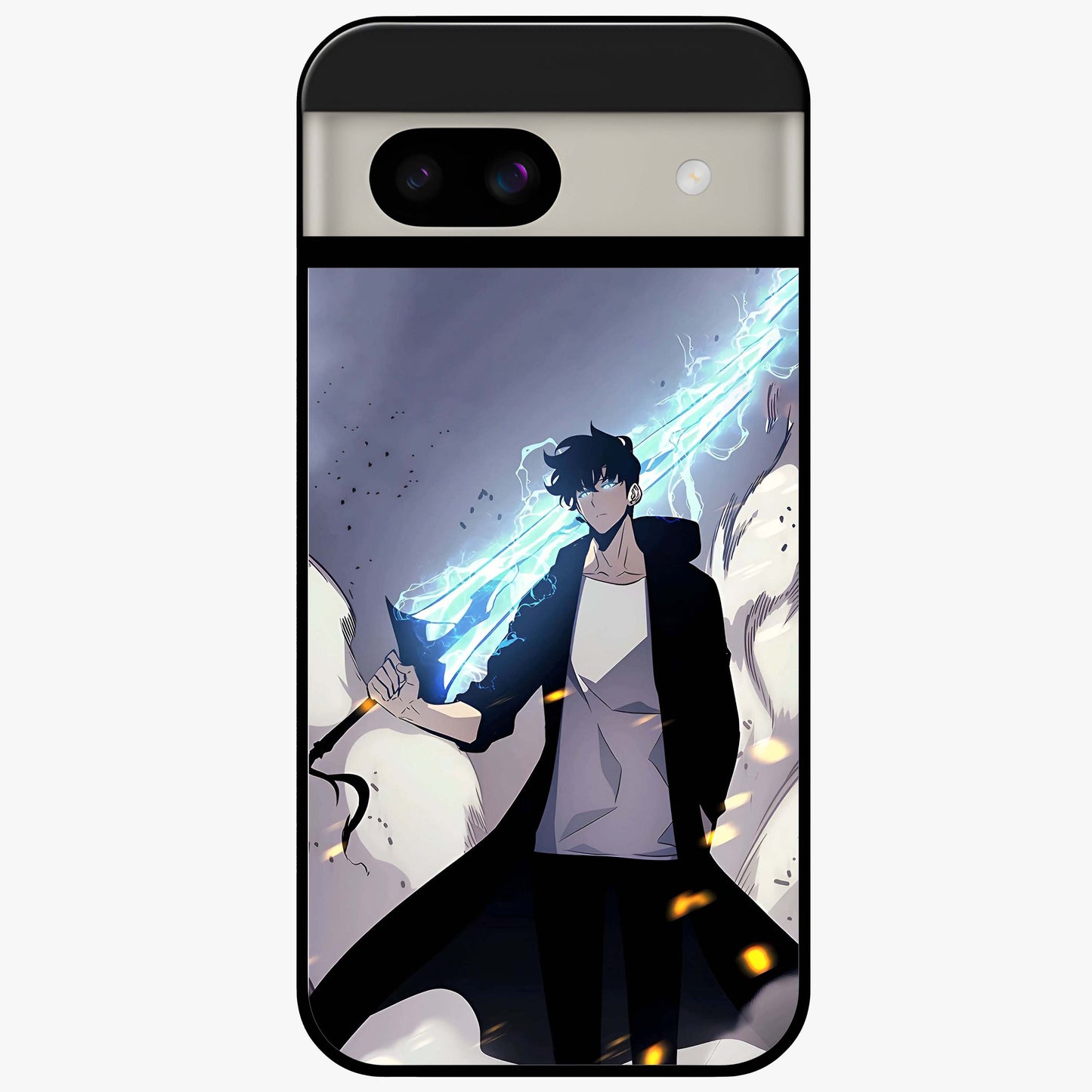 Dark Lightning Anime Warrior Glass Case showing flat back view with intense anime warrior artwork and glossy glass finish.