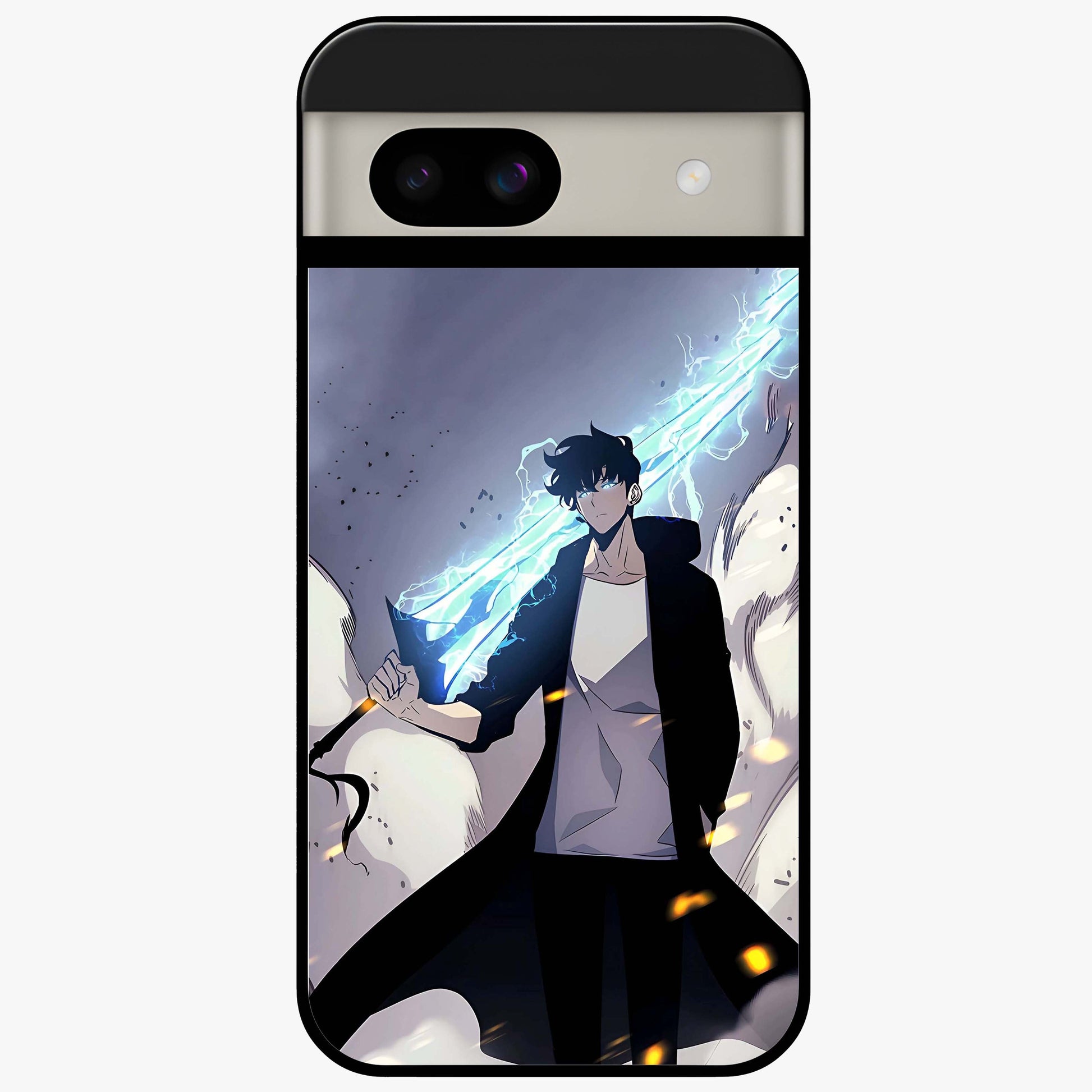 Dark Lightning Anime Warrior Glass Case showing flat back view with intense anime warrior artwork and glossy glass finish.