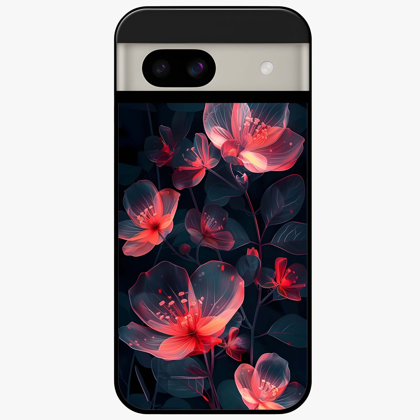 Dark Shade of Flower Glass Case showing flat back view with elegant dark floral artwork and glossy glass finish.