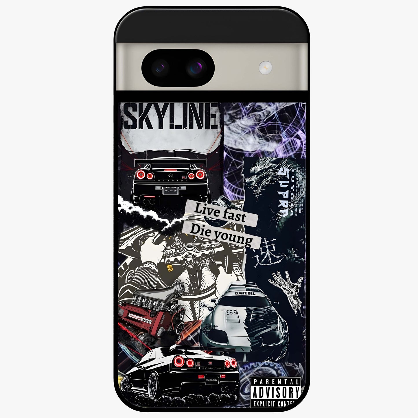 Die Young Glass Case showing flat back view with bold artistic typography design and glossy glass finish.