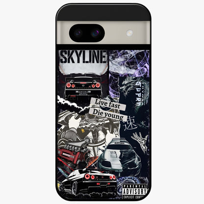 Die Young Glass Case showing flat back view with bold artistic typography design and glossy glass finish.