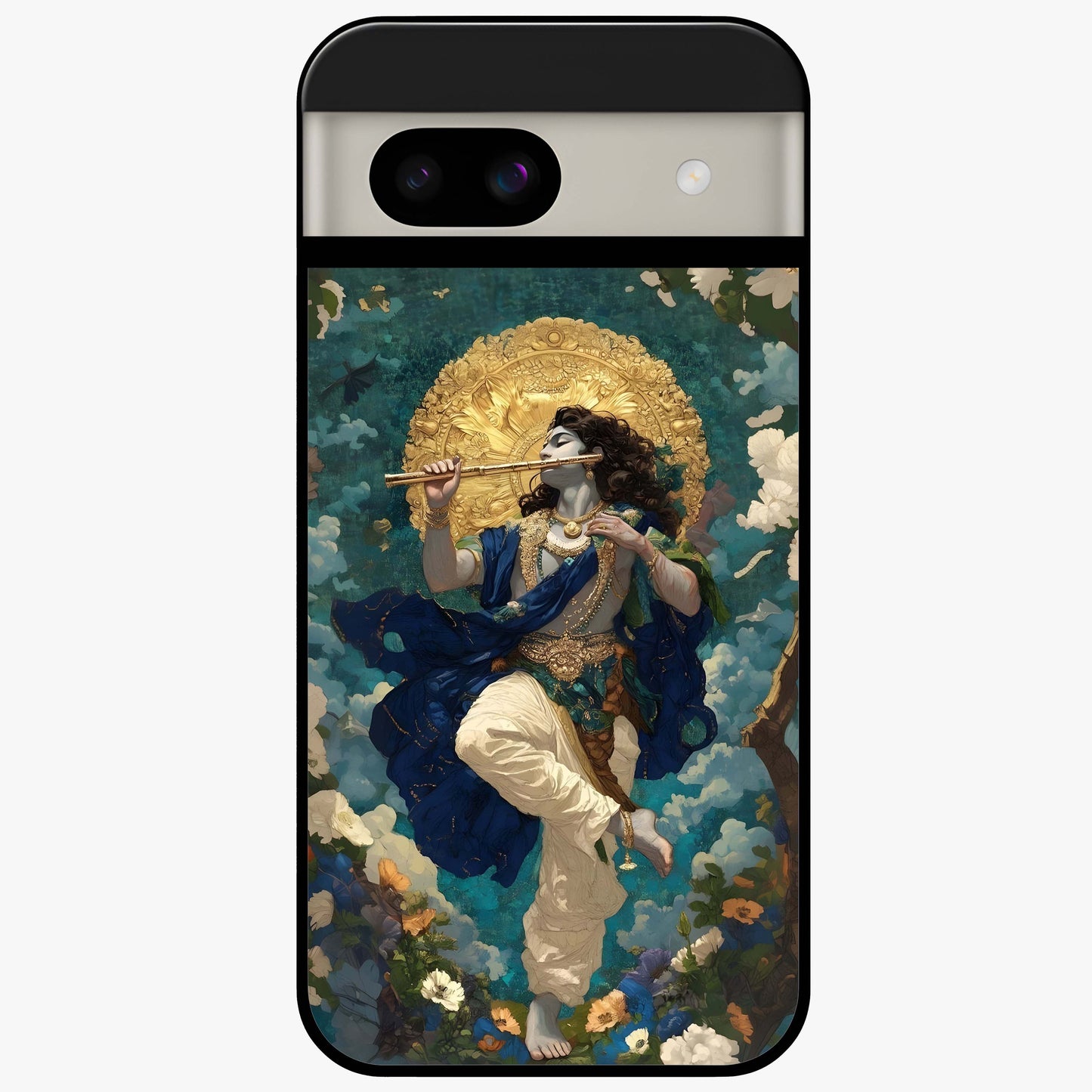 Divine Krishna Art Glass Case showing flat back view with Lord Krishna artwork and glossy glass finish.