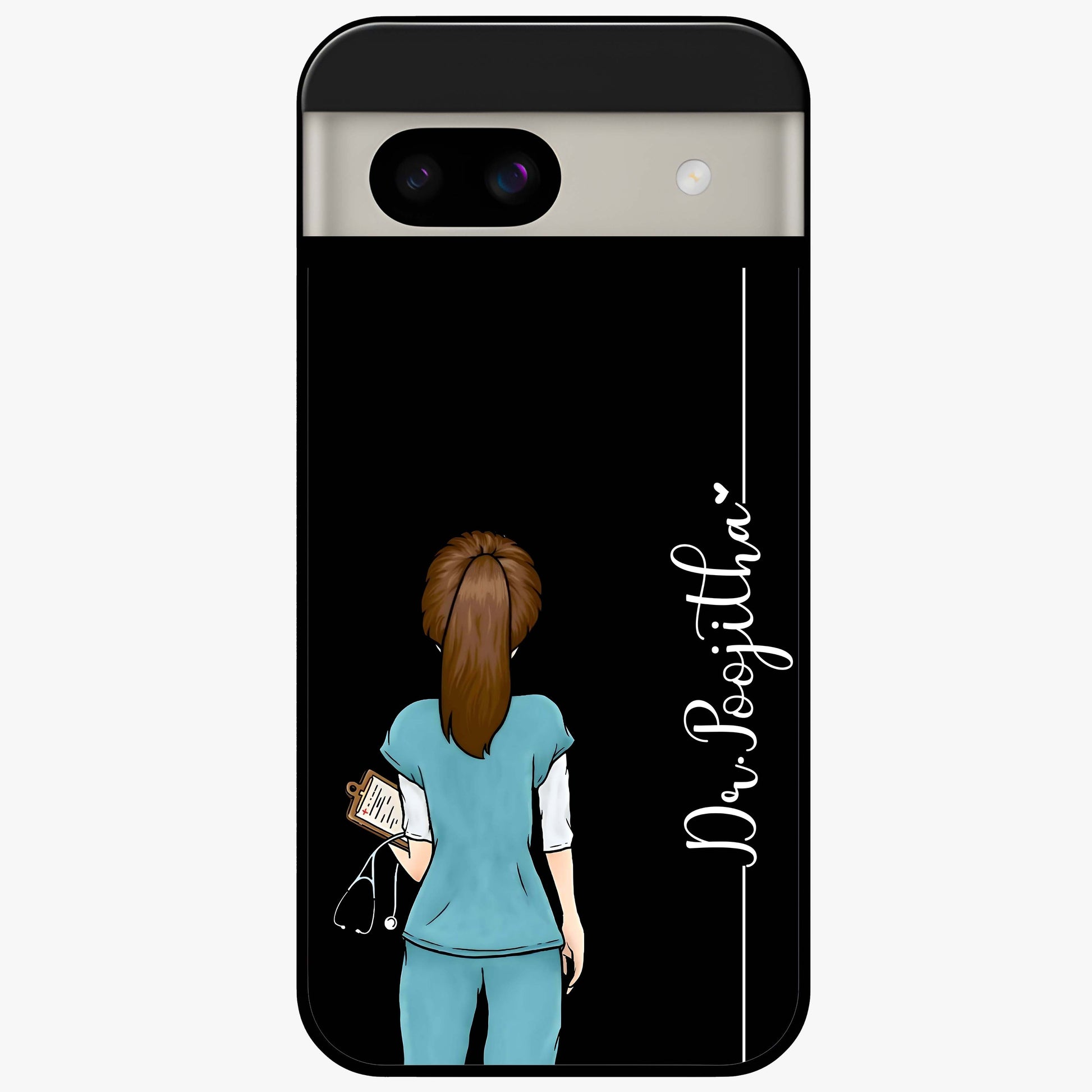 Doctor Pattern Custom Name Glass Case showing flat back view with medical themed pattern and personalized name design.