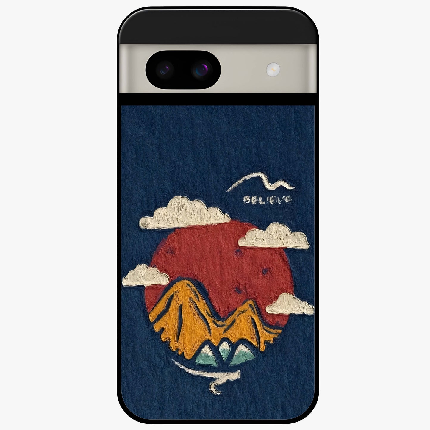 Dream Beyond Mountains Glass Case showing flat back view with scenic mountain landscape artwork and glossy glass finish.