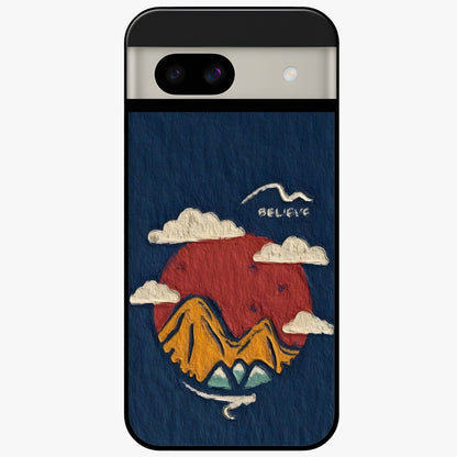 Dream Beyond Mountains Glass Case showing flat back view with scenic mountain landscape artwork and glossy glass finish.