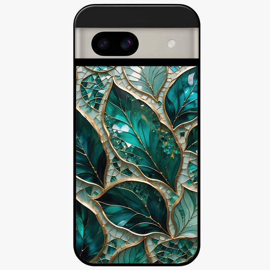 Emerald Leaf Glass Glass Case showing flat back view with emerald green leaf artwork and glossy glass finish.