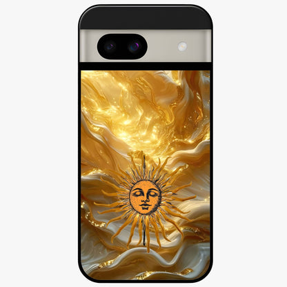 Eternal Golden Glow Glass Case showing flat back view with radiant golden themed artwork and glossy glass finish.