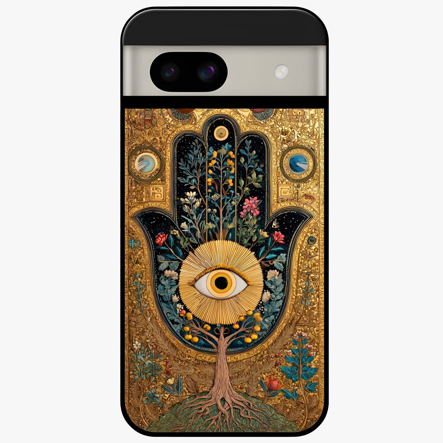 Ethereal Evil Eye Glass Case showing flat back view with mystical evil eye artwork and glossy glass finish.