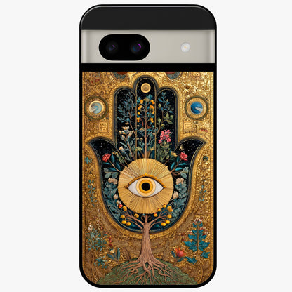Ethereal Evil Eye Glass Case showing flat back view with mystical evil eye artwork and glossy glass finish.