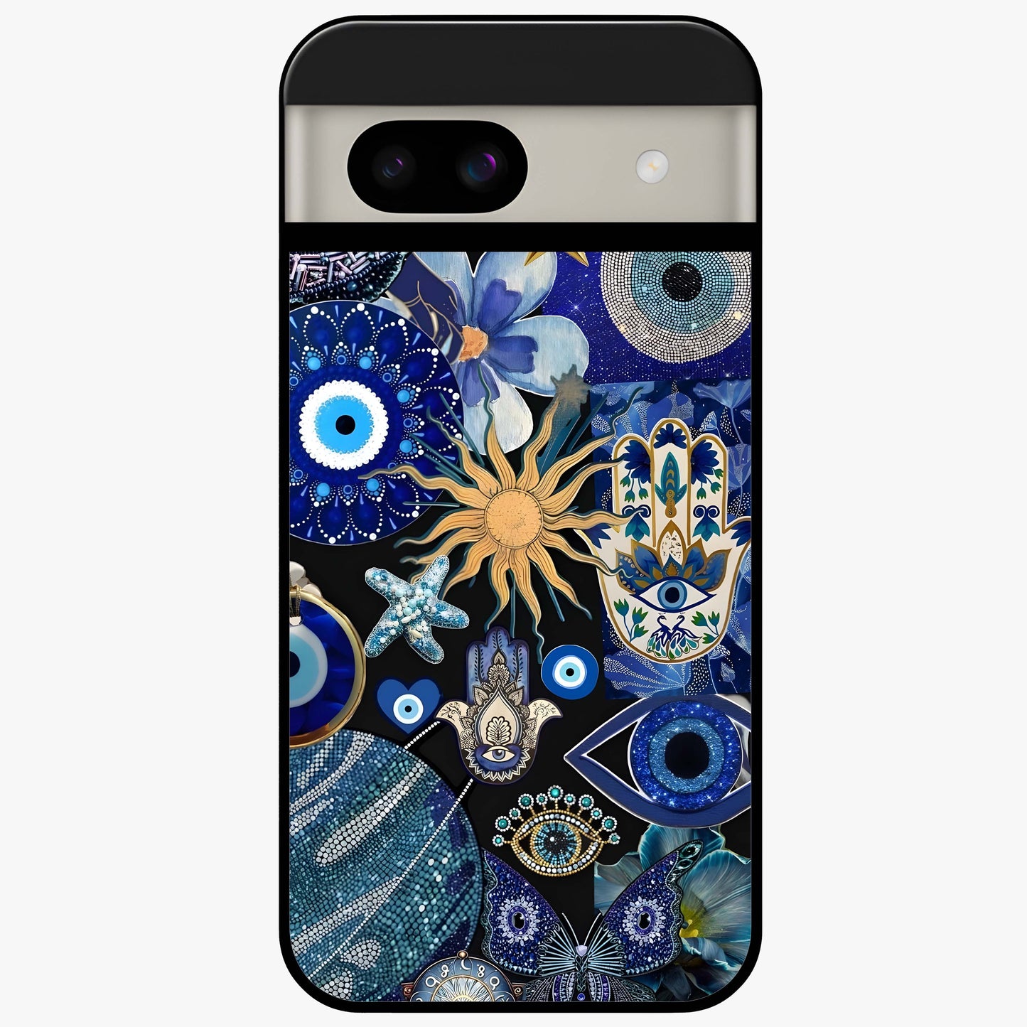 Evil Eye Charm Mix Glass Case showing flat back view with multiple evil eye charms artwork and glossy glass finish.