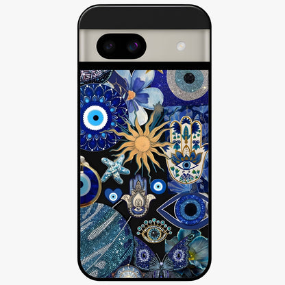 Evil Eye Charm Mix Glass Case showing flat back view with multiple evil eye charms artwork and glossy glass finish.