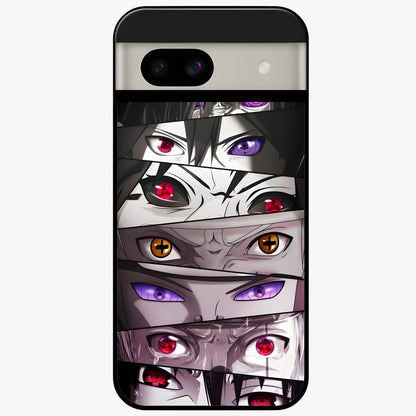 Eyes of Destiny Glass Case showing flat back view with striking eye themed artwork and glossy glass finish.