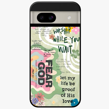 Faith Over Fear Glass Case showing flat back view with motivational typography artwork and glossy glass finish.
