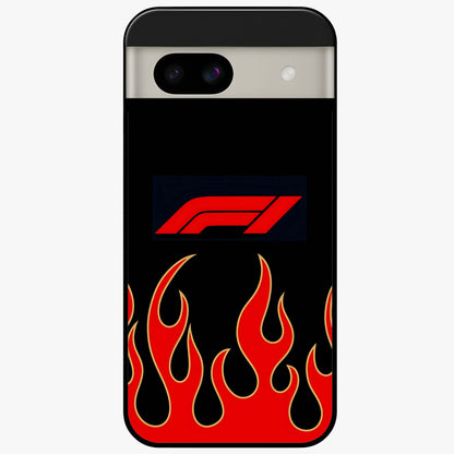 Fire F11 Glass Case showing flat back view with fiery themed artwork and glossy glass finish.