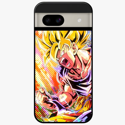 Firing Goku Glass Case showing flat back view with powerful anime inspired artwork and glossy glass finish.