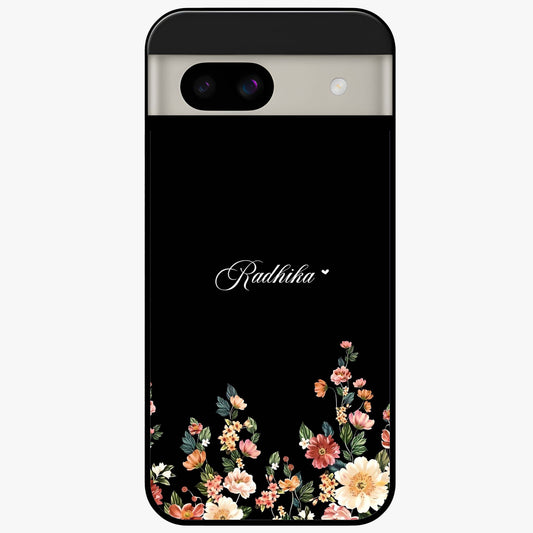 Floral Design With a Custom Personalized Name Glass Case showing flat back view with floral artwork and personalized name design.