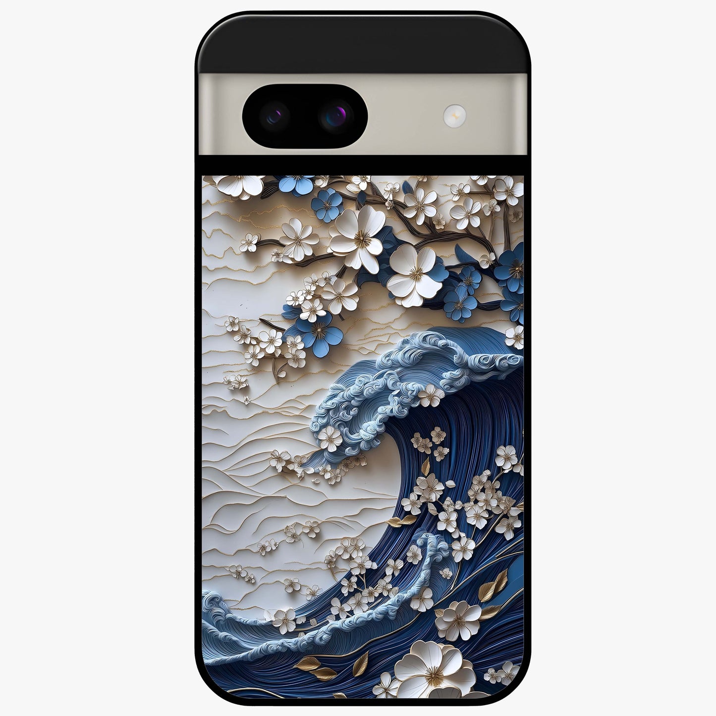 Floral Wave Origami Glass Case showing flat back view with origami inspired floral wave artwork and glossy glass finish.